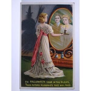 Halloween Postcard Fantasy Shadow Witch Looking Glass Mirror Anglo American 876